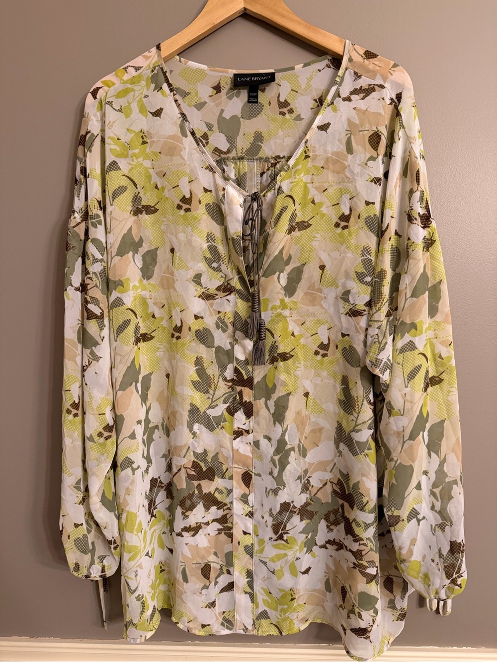 Lane Bryant Sheer Abstract Botanical Print Tassel Peasant Blouse Sz 22/24